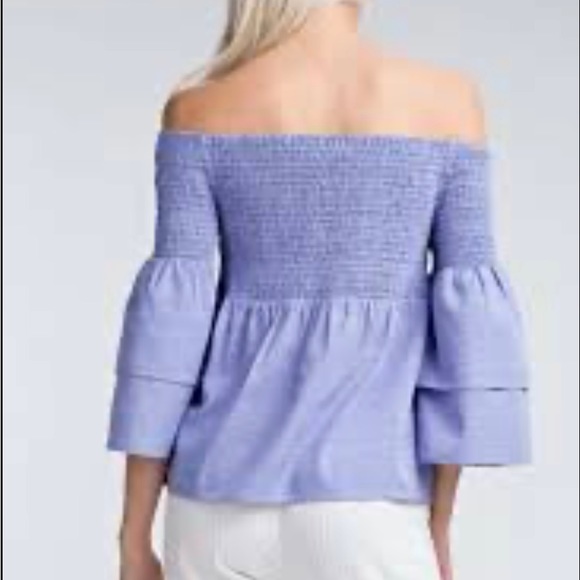 HONEY PUNCH SMOCKED OFF-THE-SHOULDER BELL SLEEVE TOP IN BLUE Size:Small - Picture 2 of 8